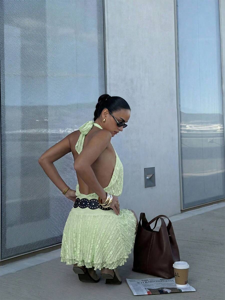 Verena™ | Lace Jacquard Halter Mini Dress