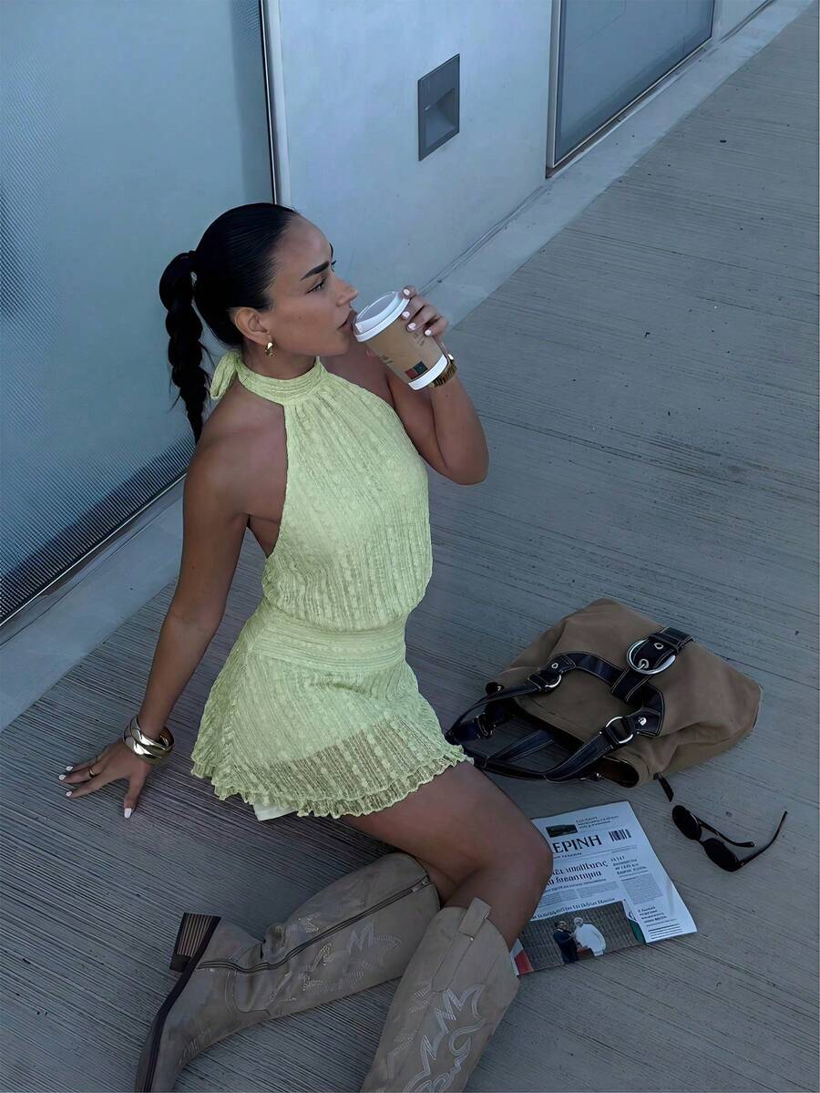 Verena™ | Lace Jacquard Halter Mini Dress