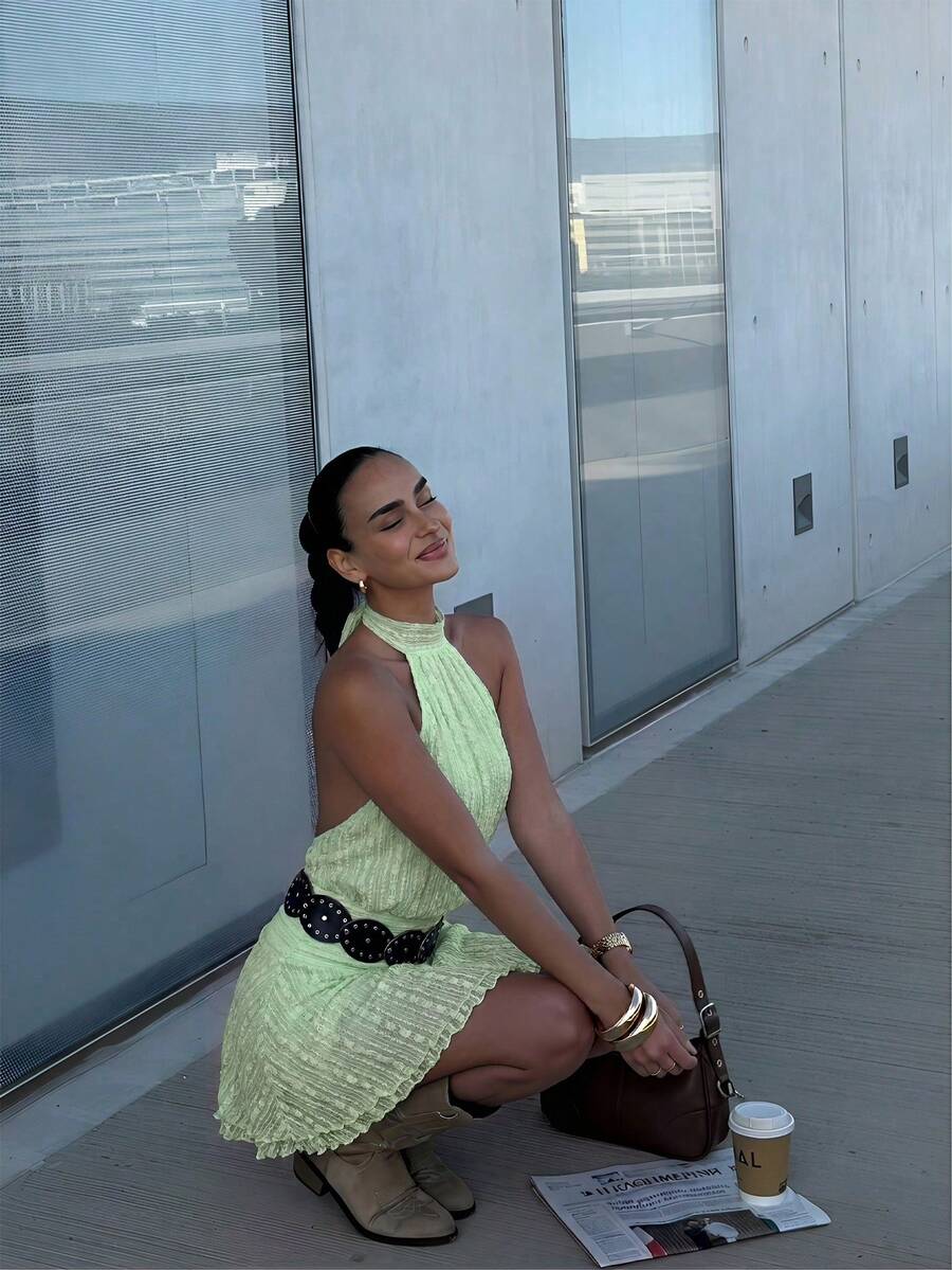Verena™ | Lace Jacquard Halter Mini Dress