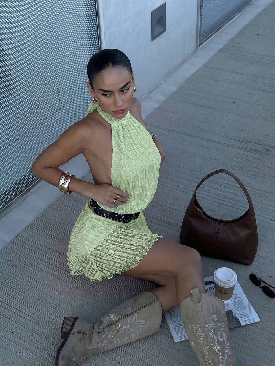 Verena™ | Lace Jacquard Halter Mini Dress
