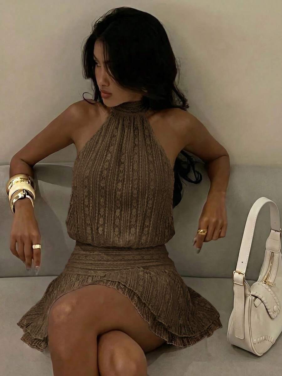 Verena™ | Lace Jacquard Halter Mini Dress