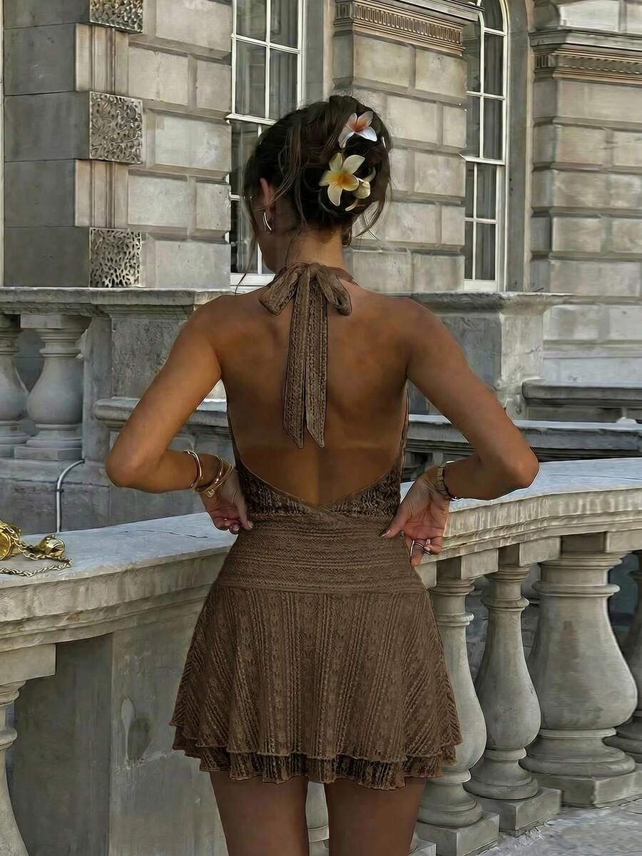 Verena™ | Lace Jacquard Halter Mini Dress