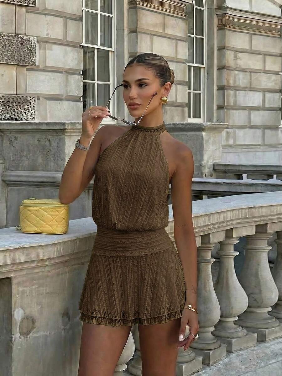 Verena™ | Lace Jacquard Halter Mini Dress