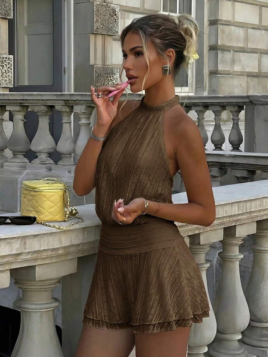 Verena™ | Lace Jacquard Halter Mini Dress