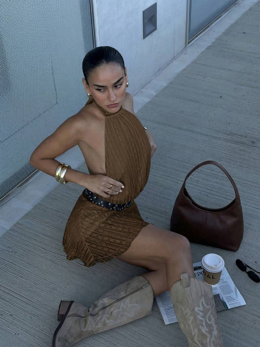 Verena™ | Lace Jacquard Halter Mini Dress