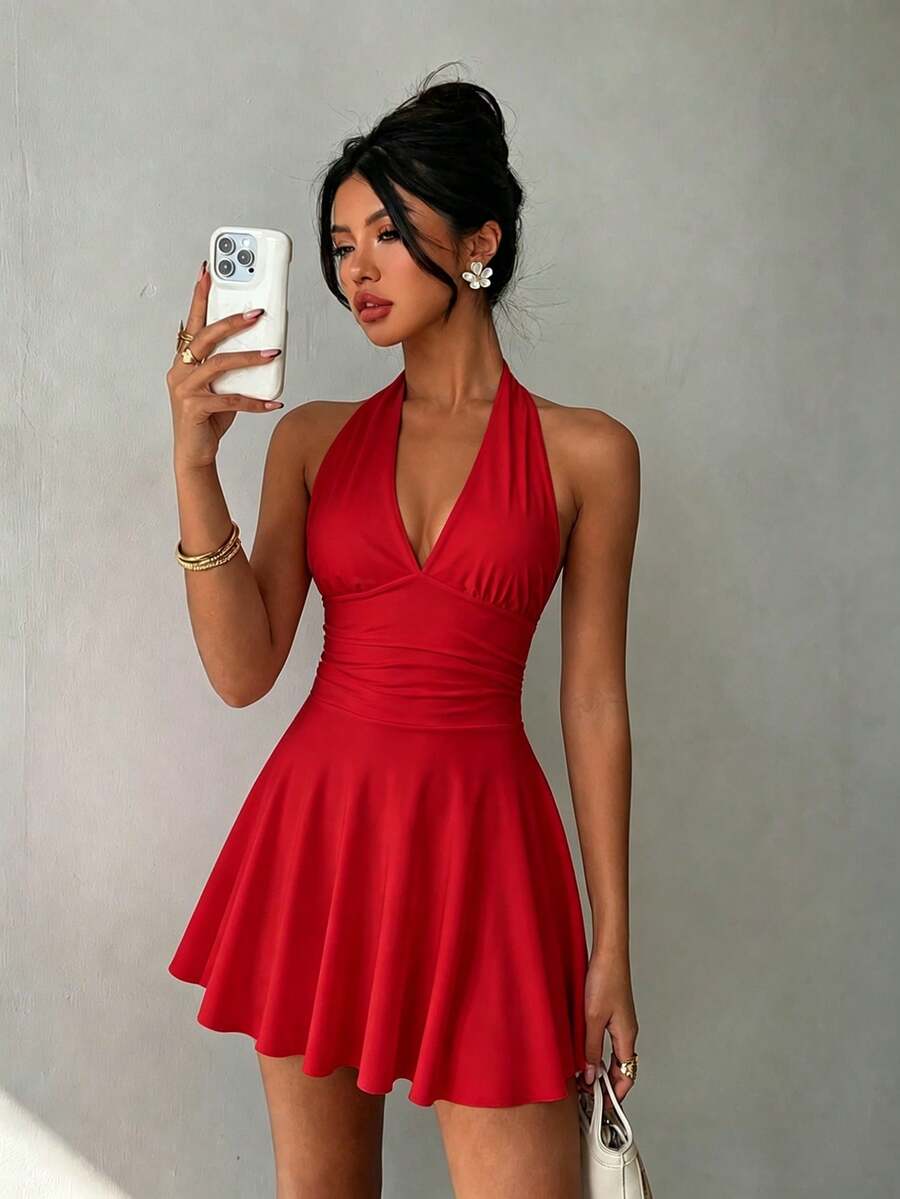 Pippa™ | Tie-Back Pleated Halter Mini Dress