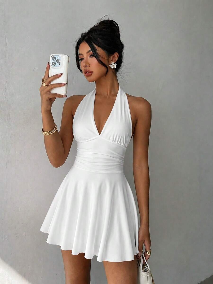 Pippa™ | Tie-Back Pleated Halter Mini Dress