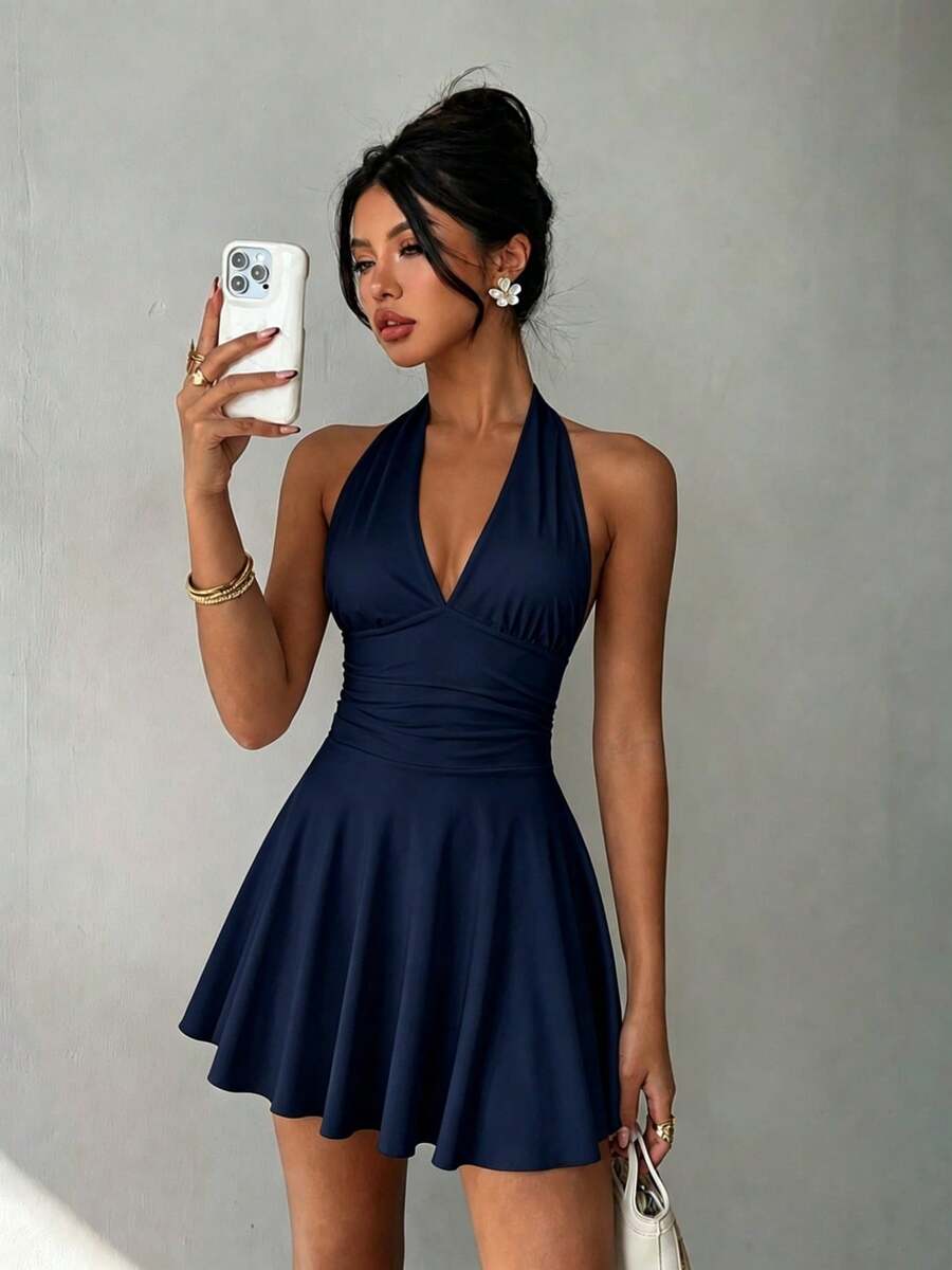 Pippa™ | Tie-Back Pleated Halter Mini Dress