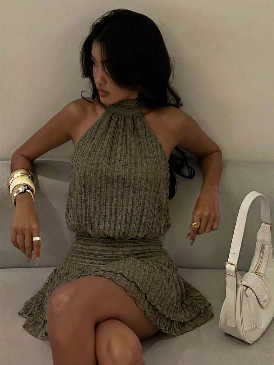 Verena™ | Lace Jacquard Halter Mini Dress