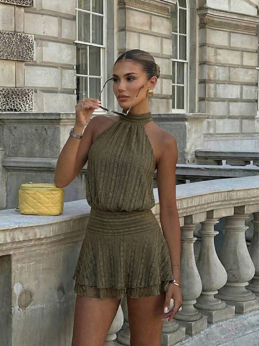 Verena™ | Lace Jacquard Halter Mini Dress