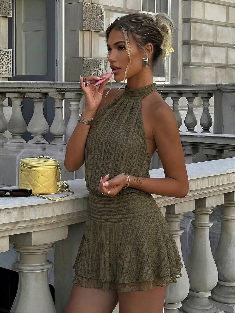 Verena™ | Lace Jacquard Halter Mini Dress