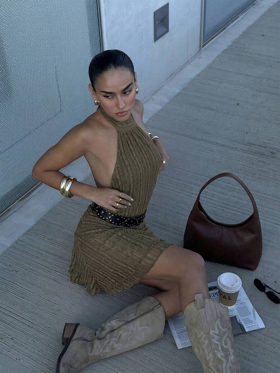 Verena™ | Lace Jacquard Halter Mini Dress