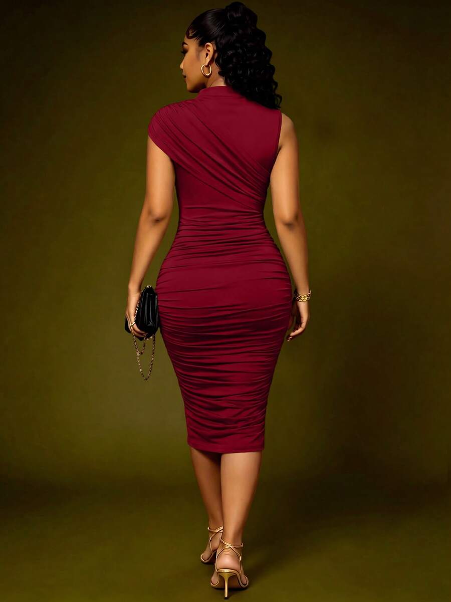 Bryony™ | Ruched Stand Collar Midi Dress