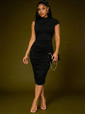 Bryony™ | Ruched Stand Collar Midi Dress