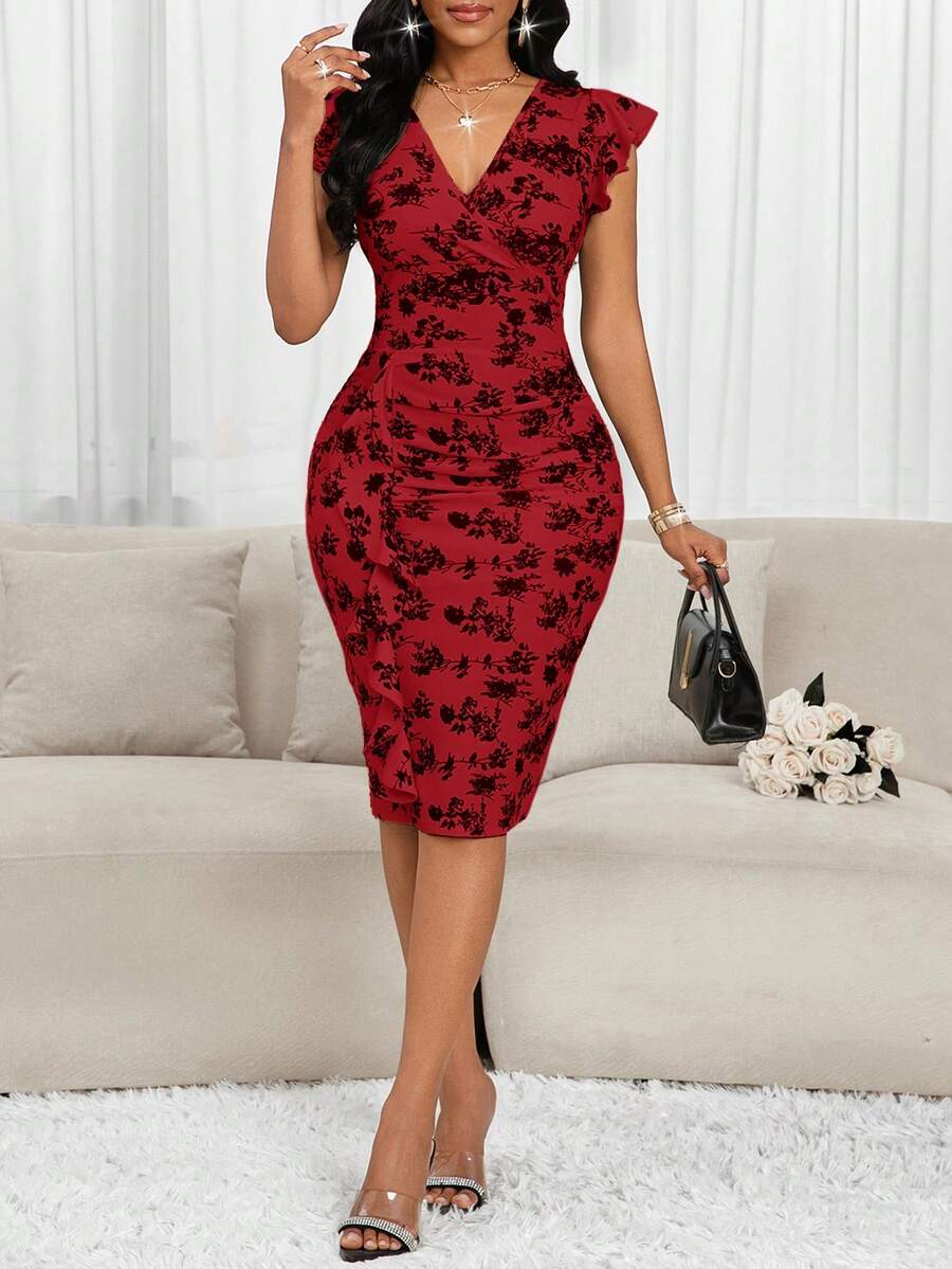 Phoebe™ | Floral Ruffle Wrap Midi Dress