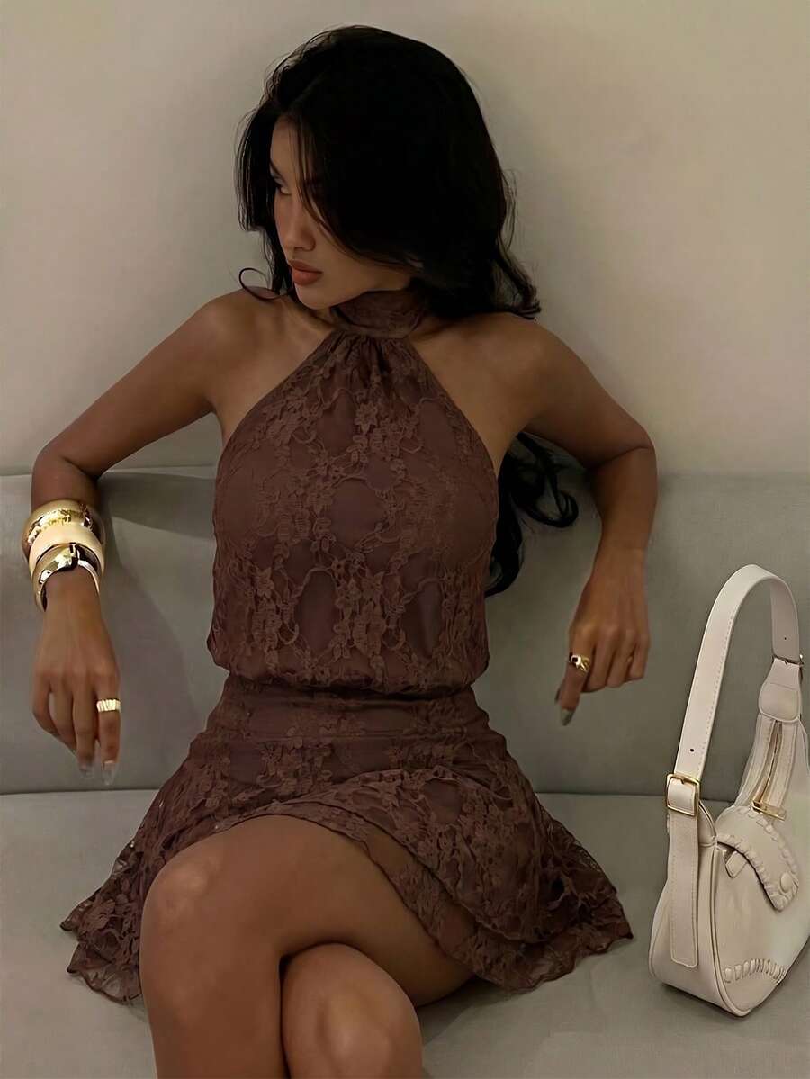 Verena™ | Lace Jacquard Halter Mini Dress