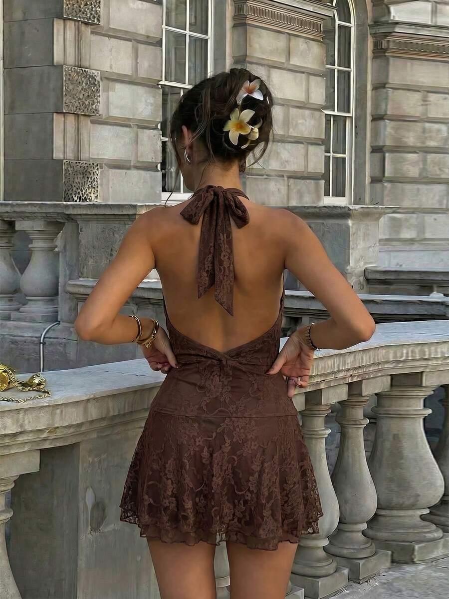 Verena™ | Lace Jacquard Halter Mini Dress