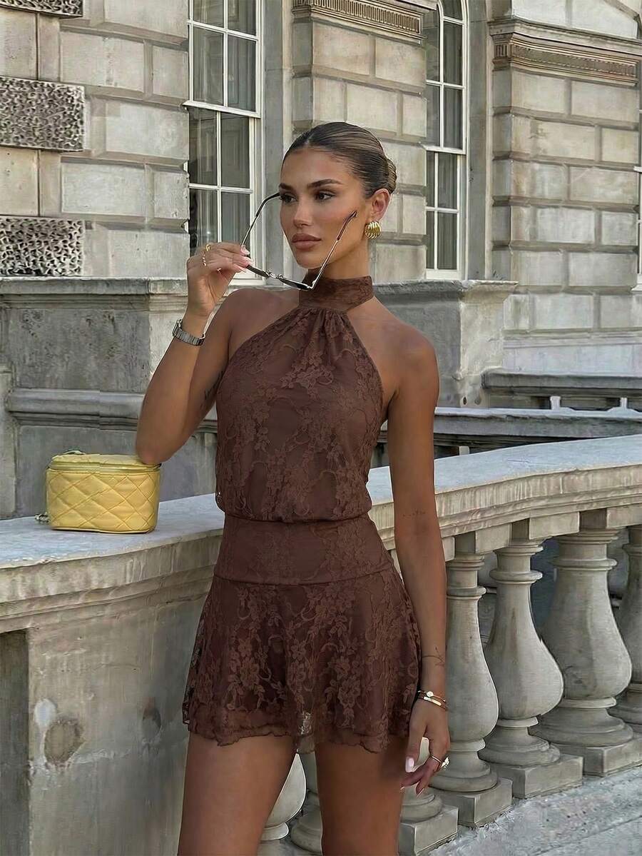 Verena™ | Lace Jacquard Halter Mini Dress