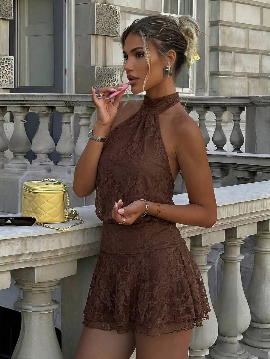 Verena™ | Lace Jacquard Halter Mini Dress