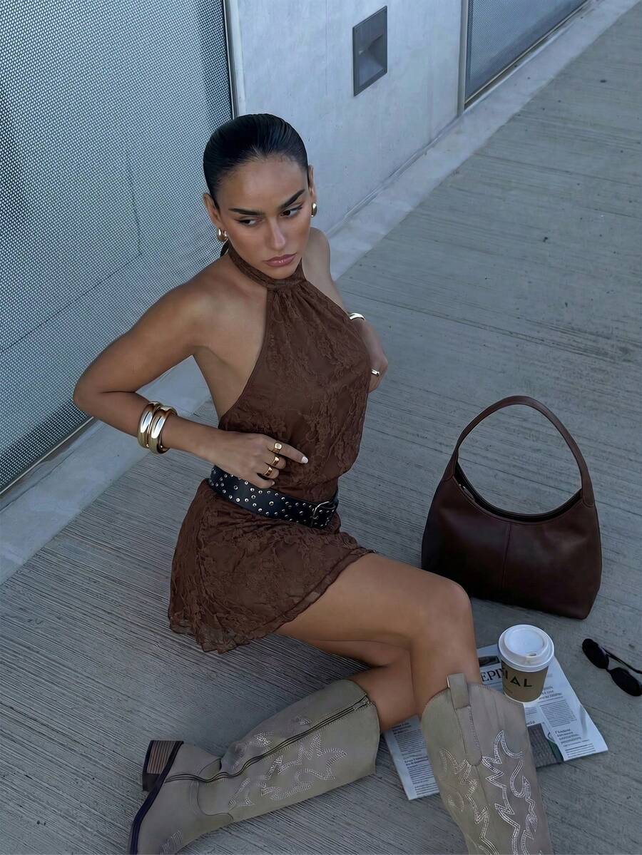 Verena™ | Lace Jacquard Halter Mini Dress