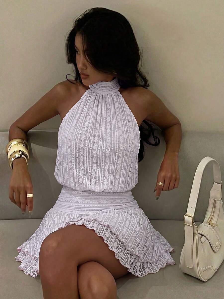 Verena™ | Lace Jacquard Halter Mini Dress