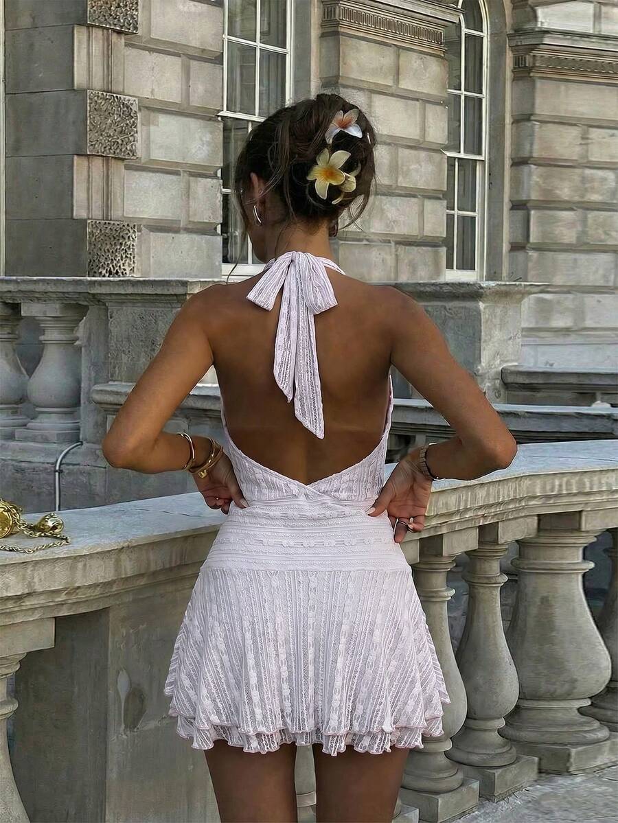 Verena™ | Lace Jacquard Halter Mini Dress