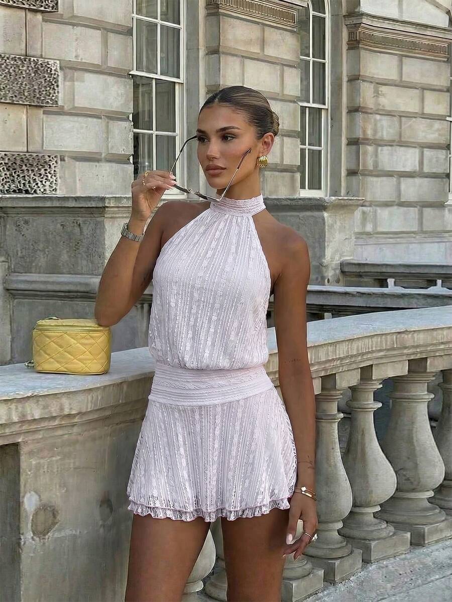 Verena™ | Lace Jacquard Halter Mini Dress