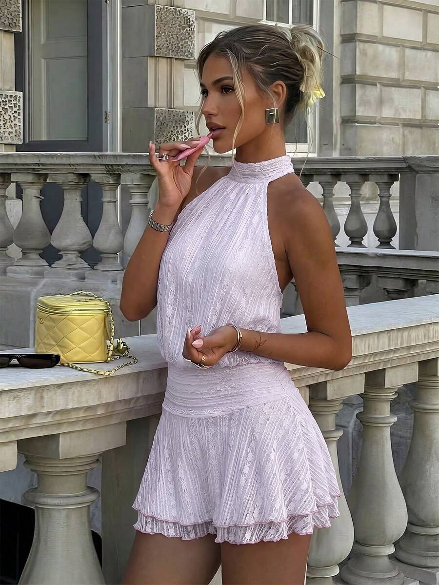 Verena™ | Lace Jacquard Halter Mini Dress