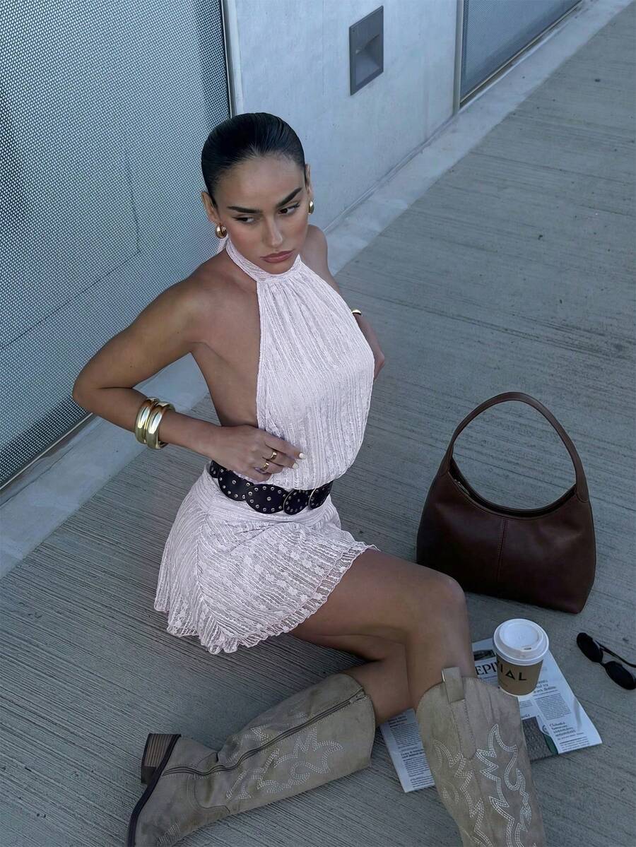 Verena™ | Lace Jacquard Halter Mini Dress