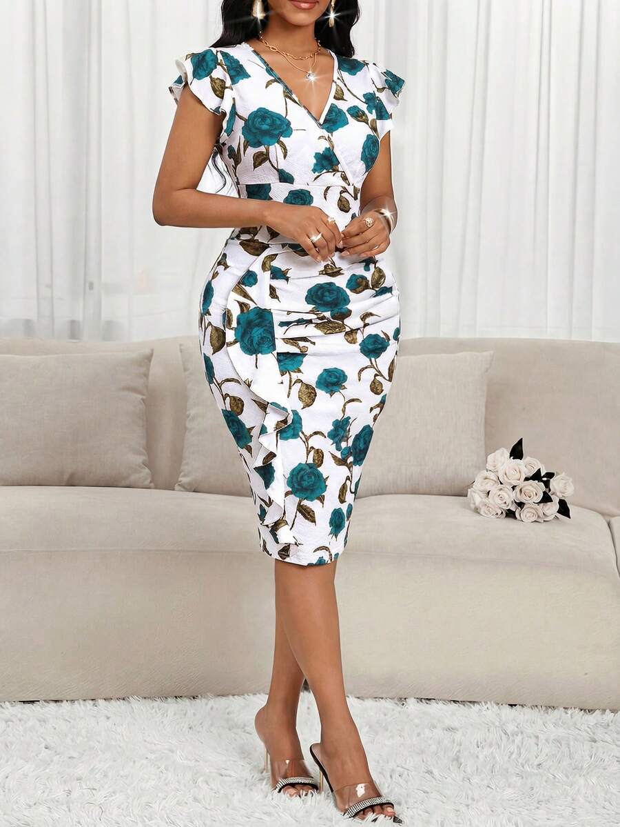 Phoebe™ | Floral Ruffle Wrap Midi Dress