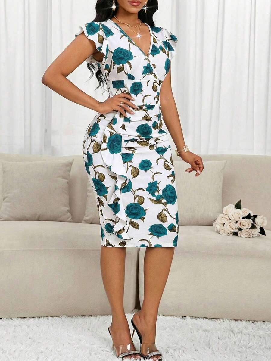Phoebe™ | Floral Ruffle Wrap Midi Dress