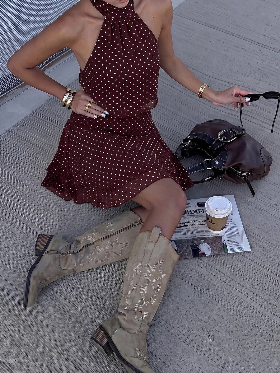 Verena™ | Lace Jacquard Halter Mini Dress