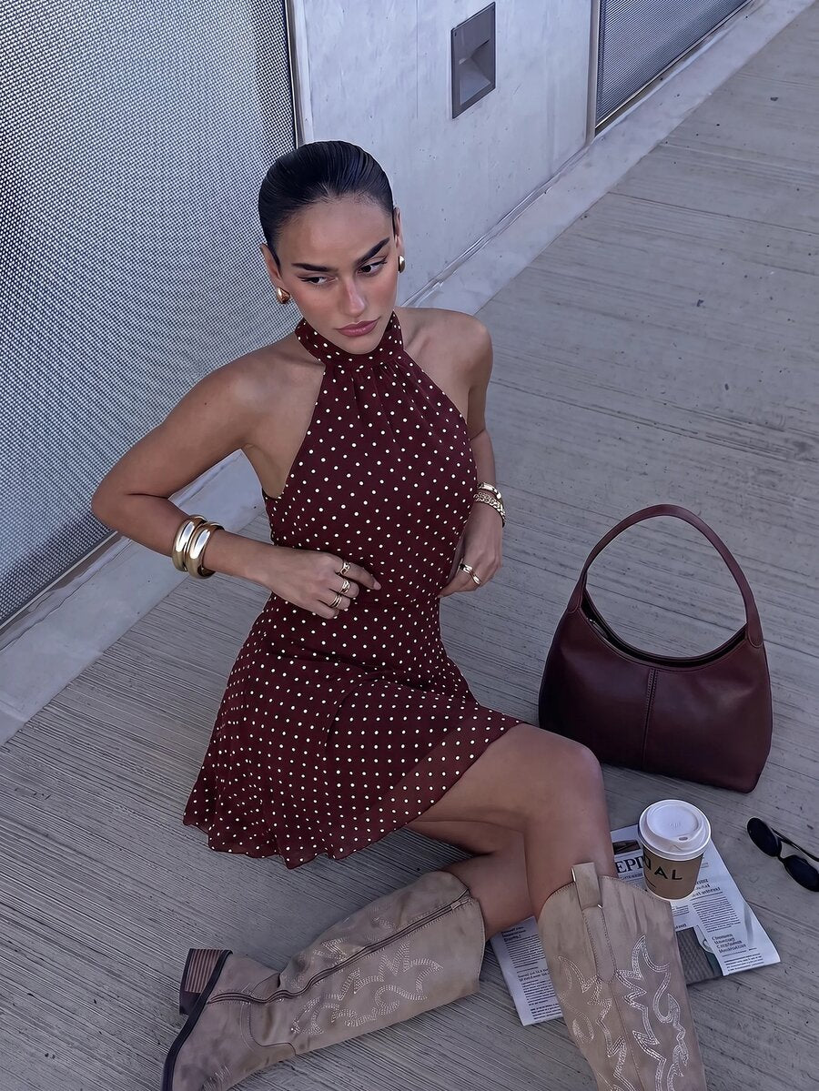 Verena™ | Lace Jacquard Halter Mini Dress