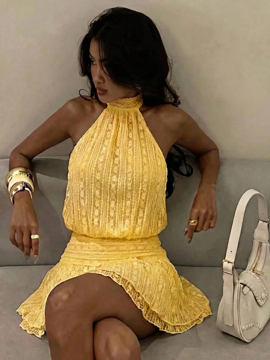 Verena™ | Lace Jacquard Halter Mini Dress