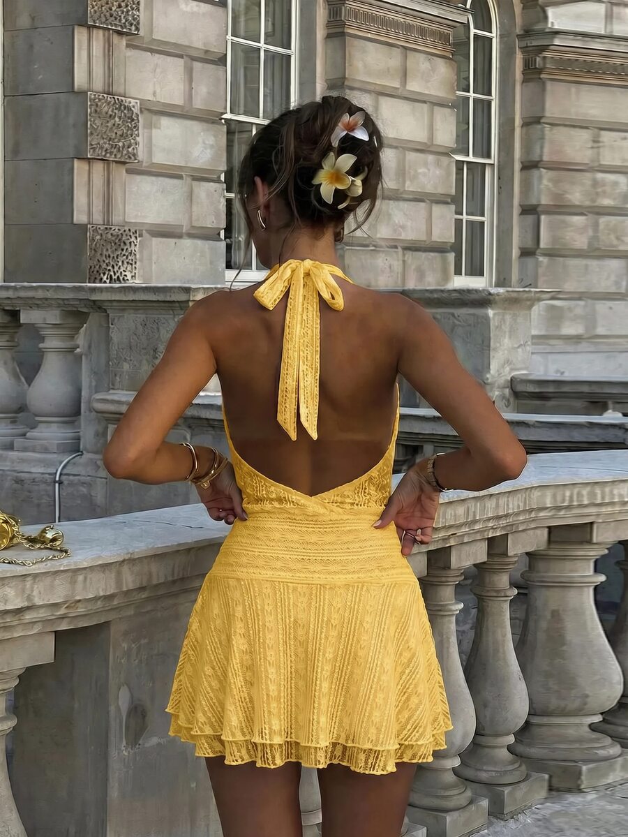 Verena™ | Lace Jacquard Halter Mini Dress