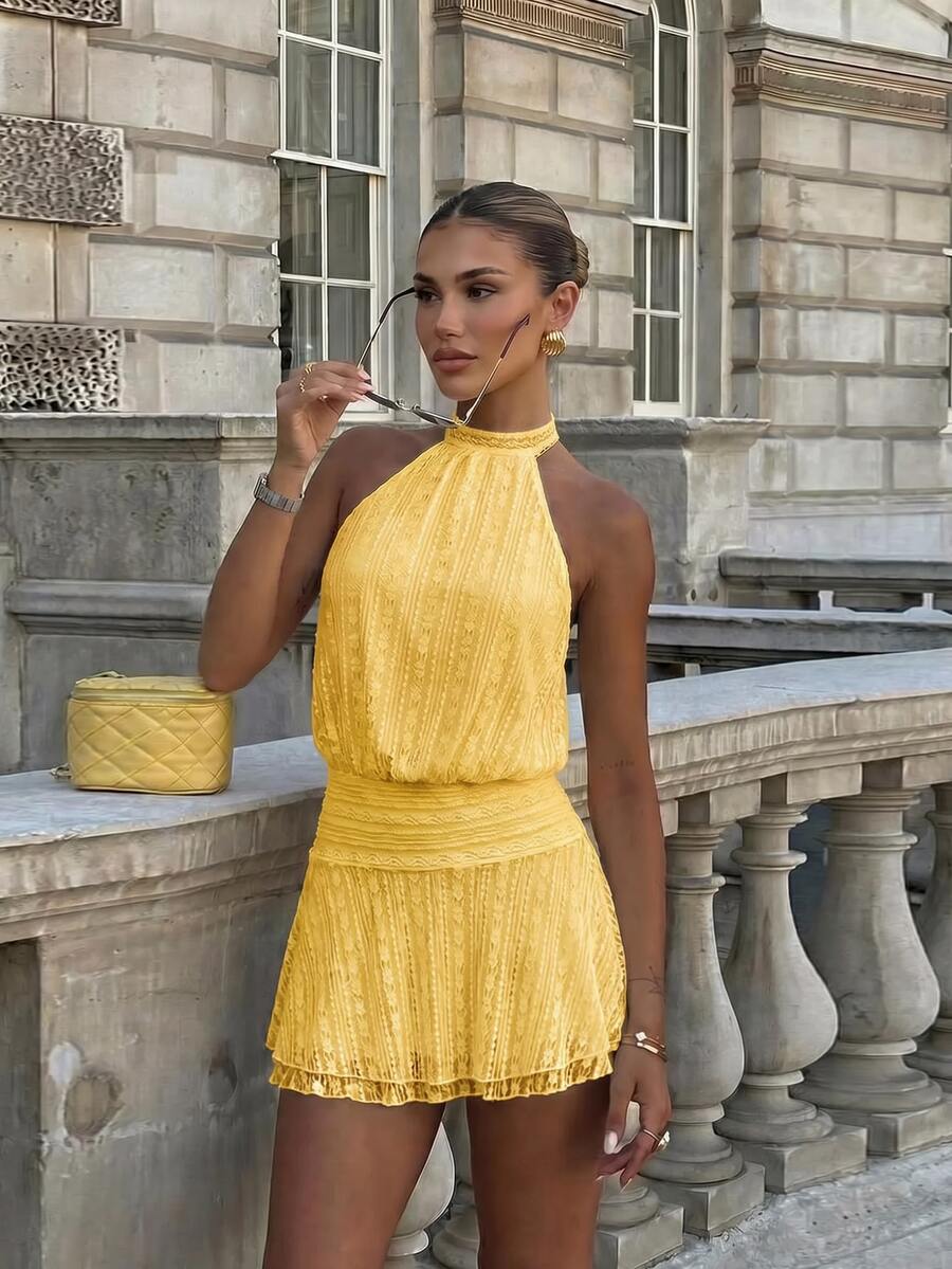 Verena™ | Lace Jacquard Halter Mini Dress