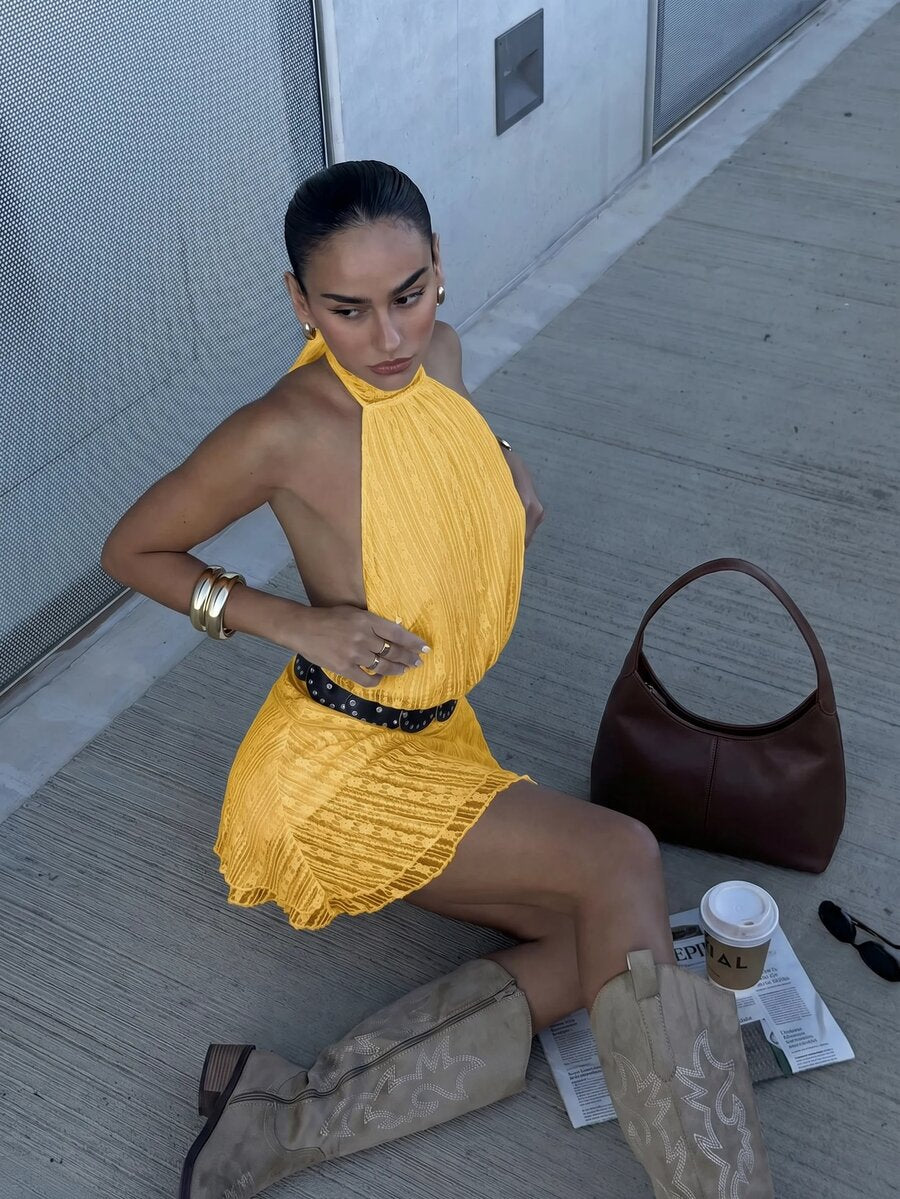 Verena™ | Lace Jacquard Halter Mini Dress