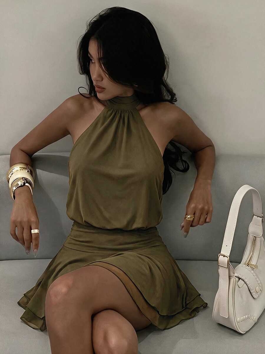 Verena™ | Lace Jacquard Halter Mini Dress