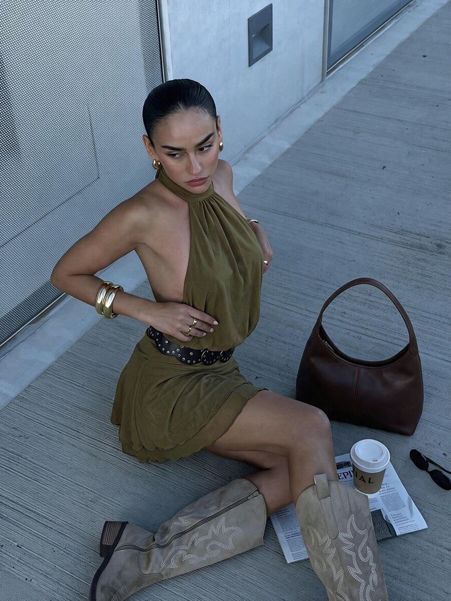 Verena™ | Lace Jacquard Halter Mini Dress