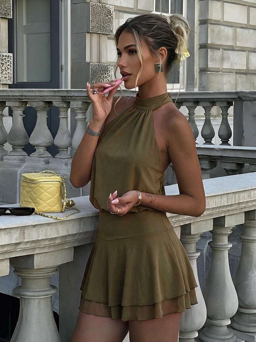 Verena™ | Lace Jacquard Halter Mini Dress