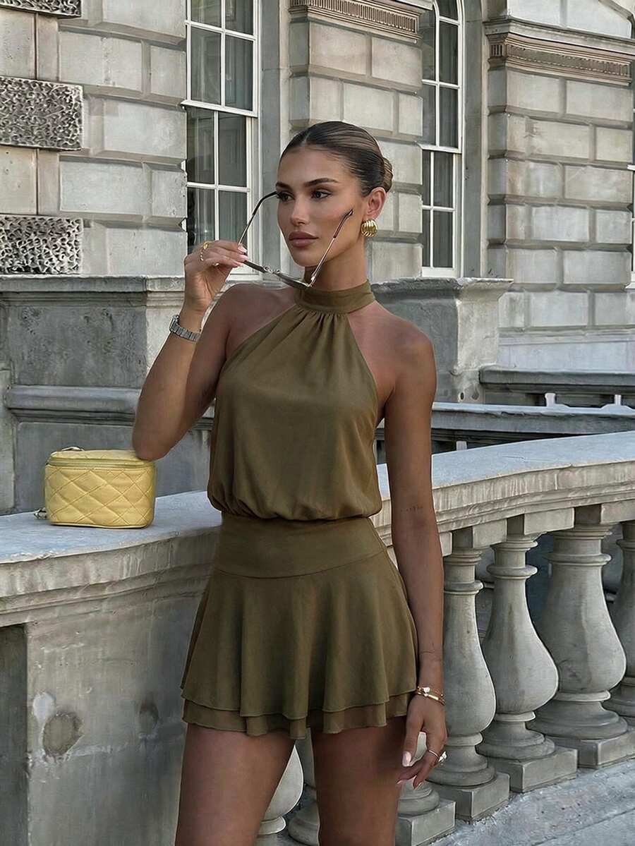Verena™ | Lace Jacquard Halter Mini Dress