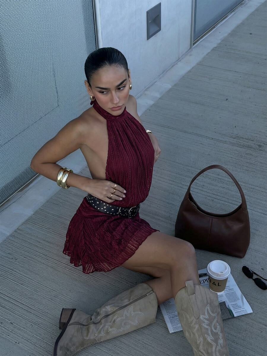 Verena™ | Lace Jacquard Halter Mini Dress