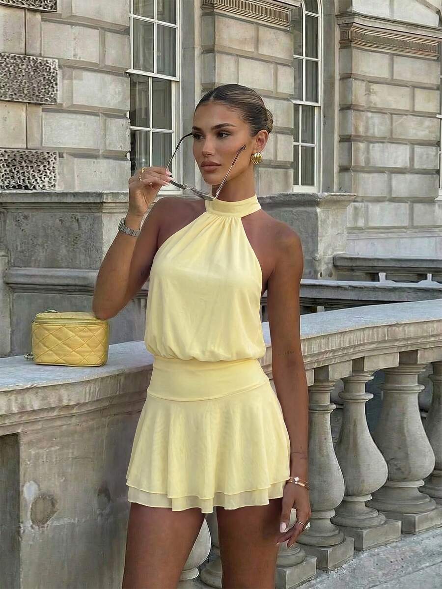 Verena™ | Lace Jacquard Halter Mini Dress