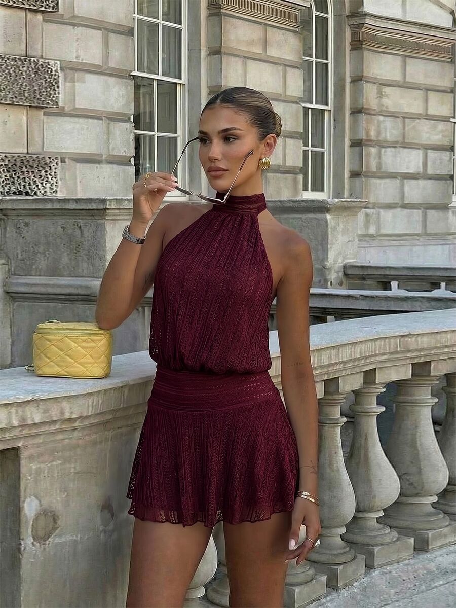 Verena™ | Lace Jacquard Halter Mini Dress