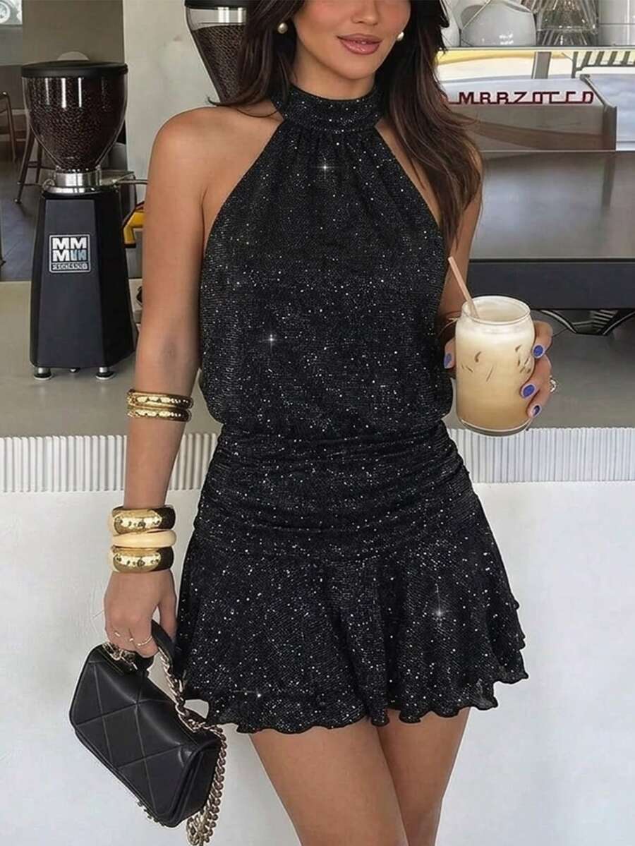 Verena™ | Lace Jacquard Halter Mini Dress