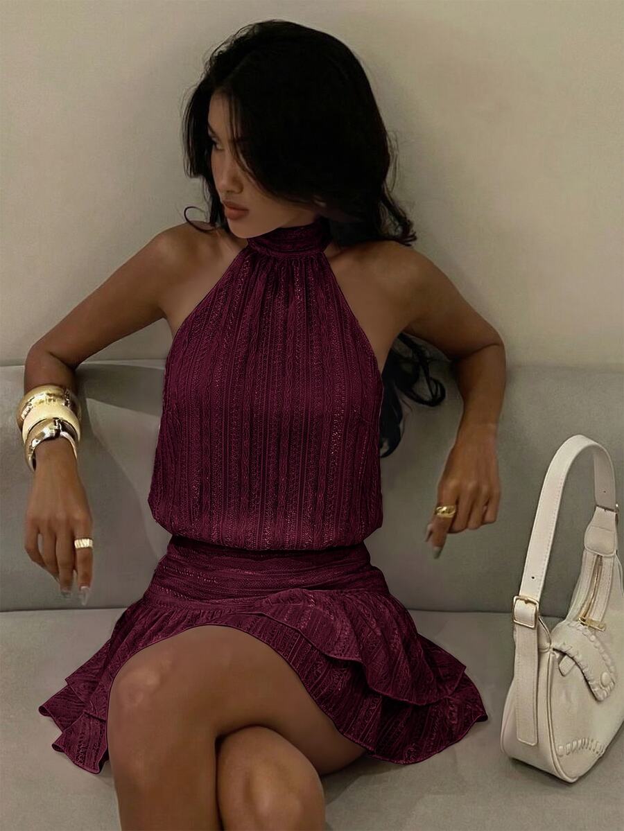 Verena™ | Lace Jacquard Halter Mini Dress