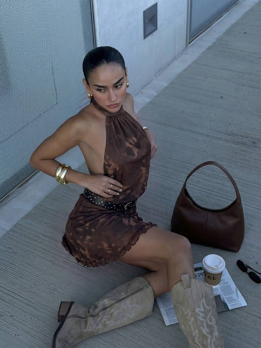 Verena™ | Lace Jacquard Halter Mini Dress