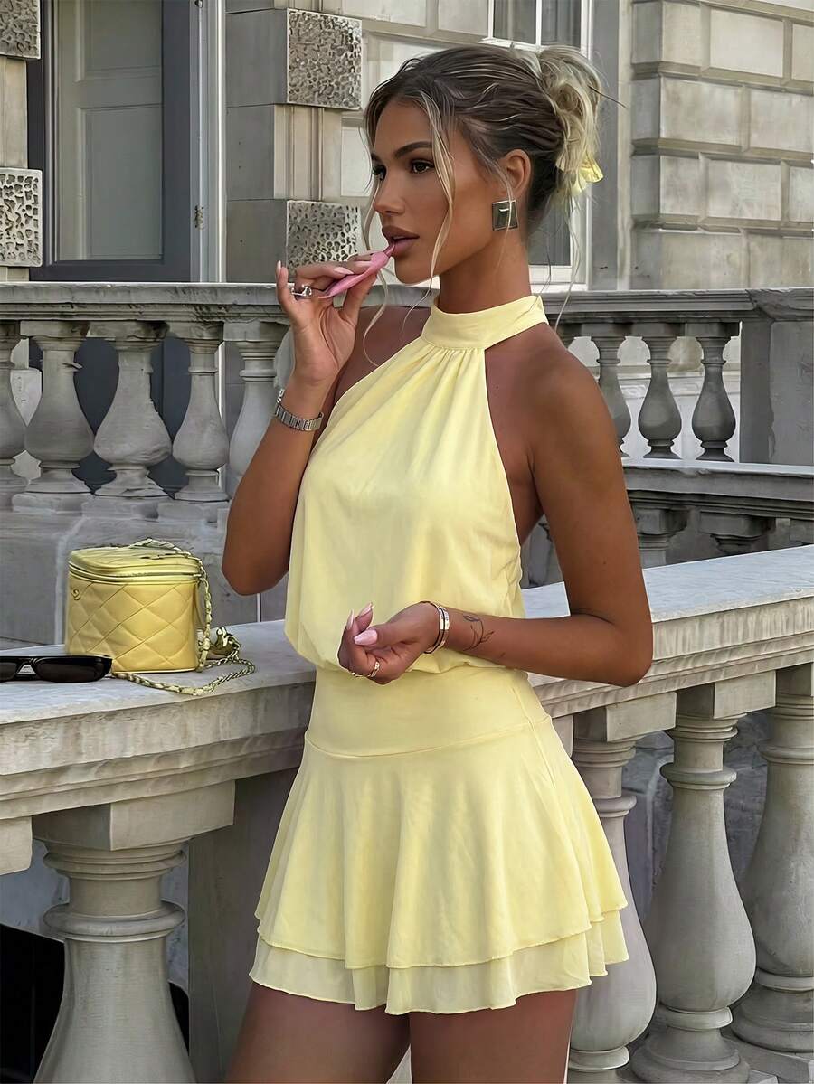 Verena™ | Lace Jacquard Halter Mini Dress