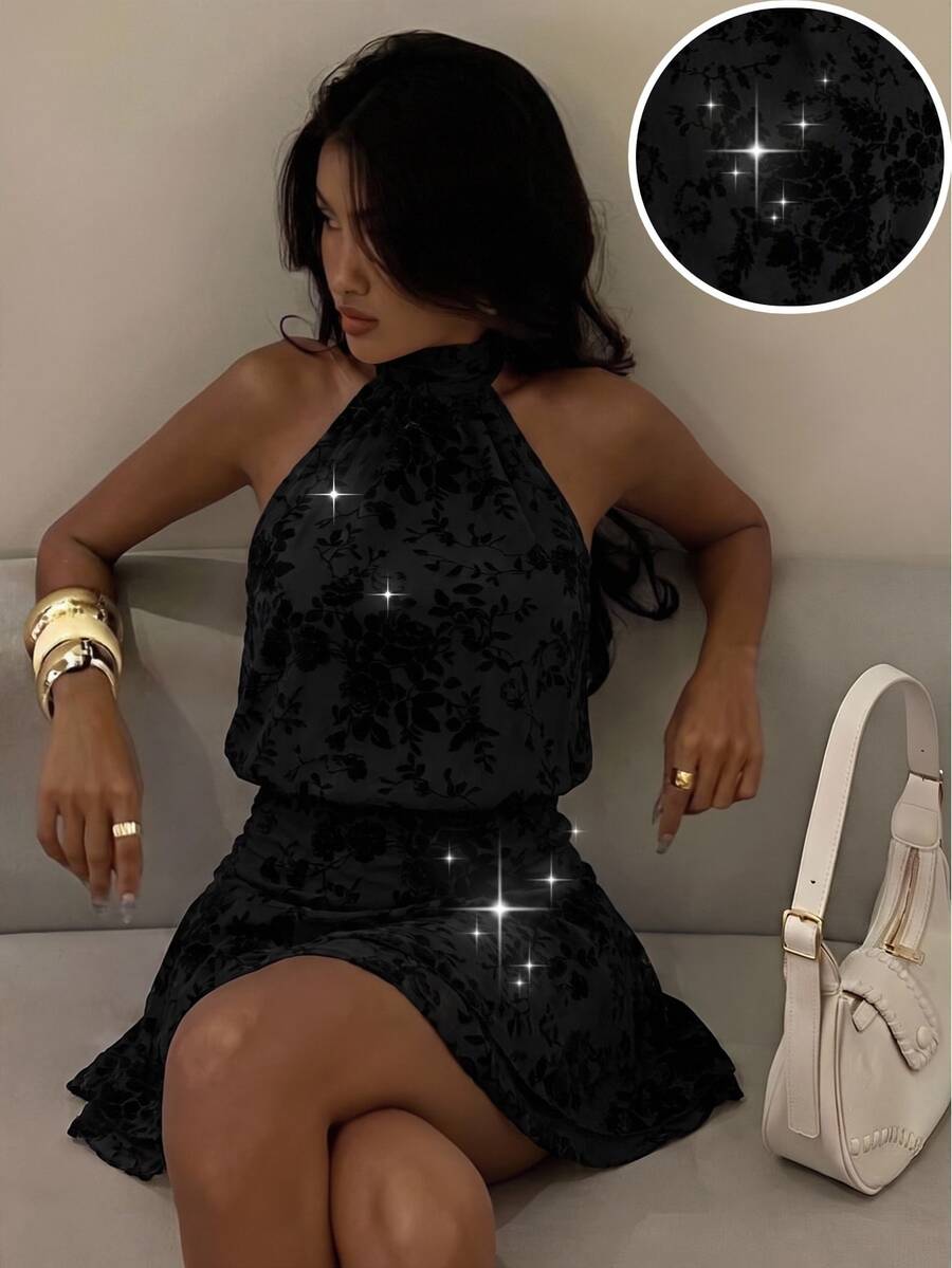 Verena™ | Lace Jacquard Halter Mini Dress