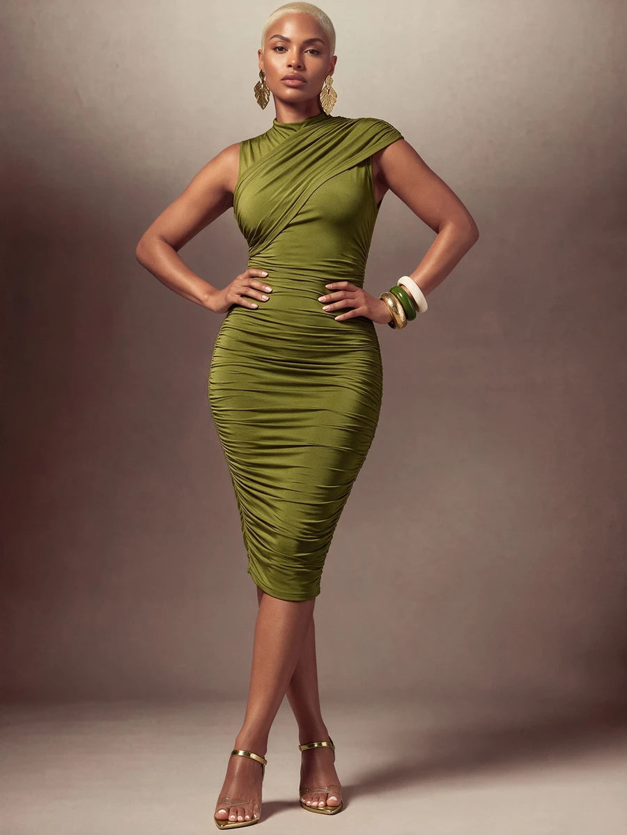 Bryony™ | Ruched Stand Collar Midi Dress